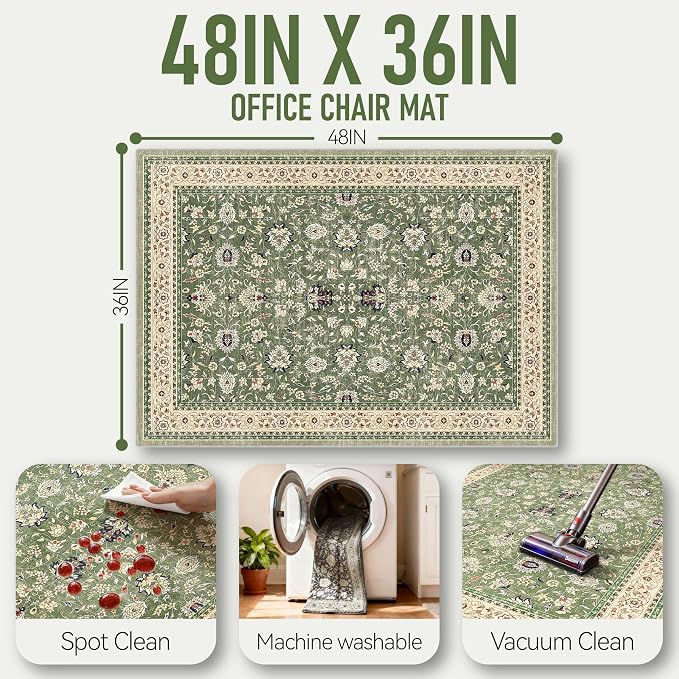 36"x48" Office Chair Mat for Hardwood, Under Desk Chair Mat for Home Office, Anti-Slip Office Rugs for Rolling Chairs, Floor Protector Washable Rugs Green - Image 3