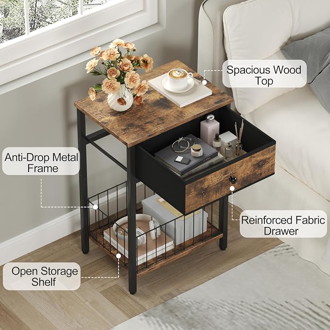 Night Stand Set 2, Night Stand with Drawers, Industrial nightstand, Nightstand with Fabric Bins, Bedside Table End Table for Bedroom, Closet, Entryway, College Dorm, Rustic Brown LNT0061BR2 - Image 4