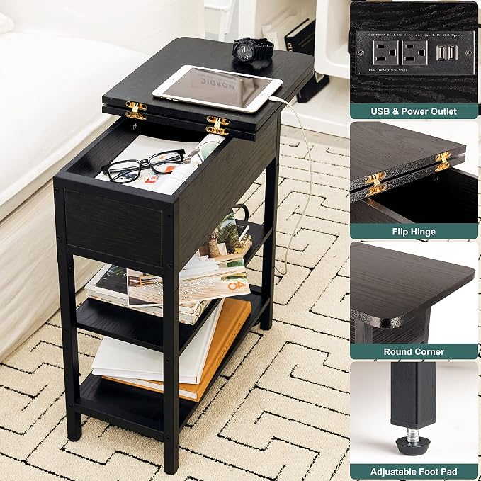 Yoobure End Table with Charging Station, Flip Top Side Table with USB Ports and Outlets, Sofa Couch Table Bedside Table for Living Room Bedroom, Narrow Nightstand with Storage Shelves for Small Space - Image 4