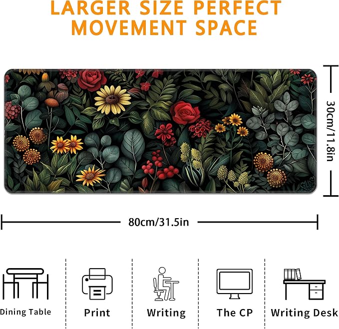 Floral Plant Desk Mat, XL 31.5"x11.8" Large Mouse Pad, Dark Flower Extended Gaming Mouse Mat,Non-Slip Rubber Base Waterproof with Stitched Edges for Gaming Office Home Decor - Image 3
