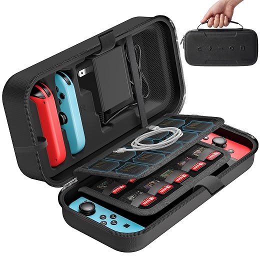 Switch Carrying Case Compatible with Nintendo & OLED, Portable Switch Travel Carry Case Fit for Joy-Con and Adapter, Hard Shell Protective OLED Pouch Bag with 20 Games, Black by OIVO