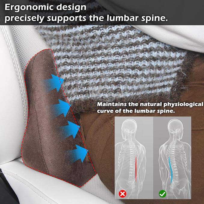 Lumbar Support Pillow for Car Lower Back Cushion, Brown, 1 Pack | Ergonomic Memory Foam Lumbar Pillow for Driving Seat, Office Chair, Gaming Chair, Lower Back Support for Back Pain Relief - Image 2