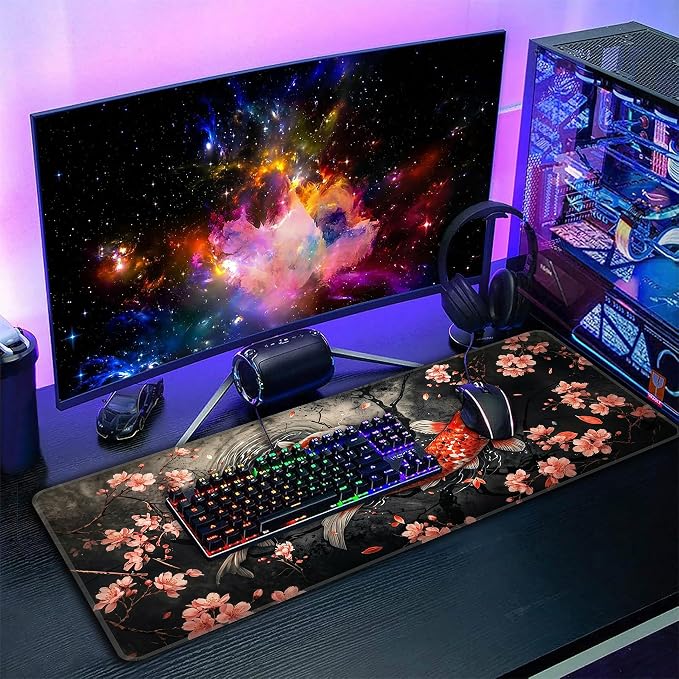 Koi Fish Desk Mat, XXL 35.4"x15.7" Large Mouse Pad, Japanese Cherry Blossoms Extended Gaming Mouse Mat,Non-Slip Rubber Base Waterproof with Stitched Edges for Gaming Office Home Decor - Image 7