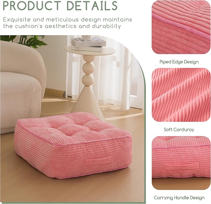 HIGOGOGO 8" Extra Thick Floor Pillow Cushion for Adults, Meditation Cushion Pillow, Large Square Floor Sitting, Tufted Corduroy Cover, for Tatami Living Room or Yoga, 22x22 Inch, Pink - Image 3