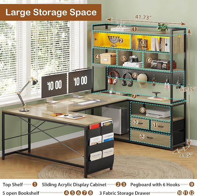 Dnxao U-Shaped Corner Gaming Desk with 3 Drawers and Pegboard, Oak Gray | 65" Reversible Computer Desk with Power Outlets and LED Lights, Storage Shelves Workstation with Pegboard for Gamers - Image 4