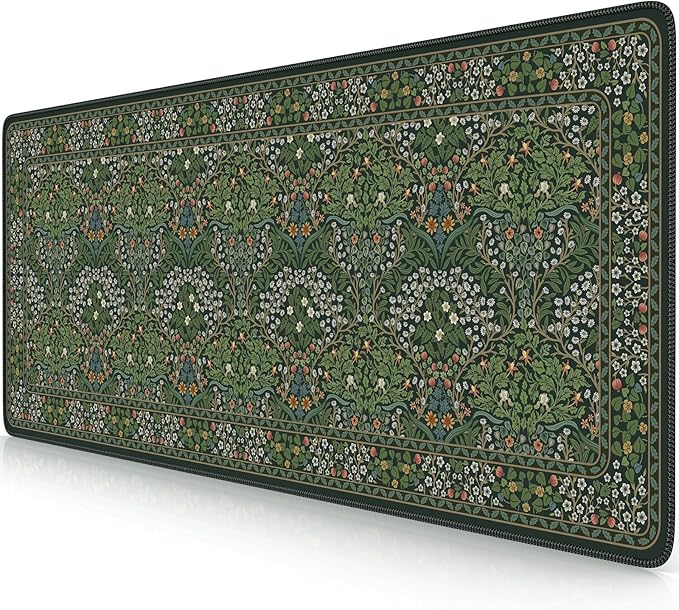 iCasso Aesthetic Floral Desk Mat, 31.5x11.8in Mouse Pads, Retro Green | Anti-Slip Mousepad with Stitched Edges, Waterproof Computer Pad, Desk Accessories Office Decor for Women by iCasso