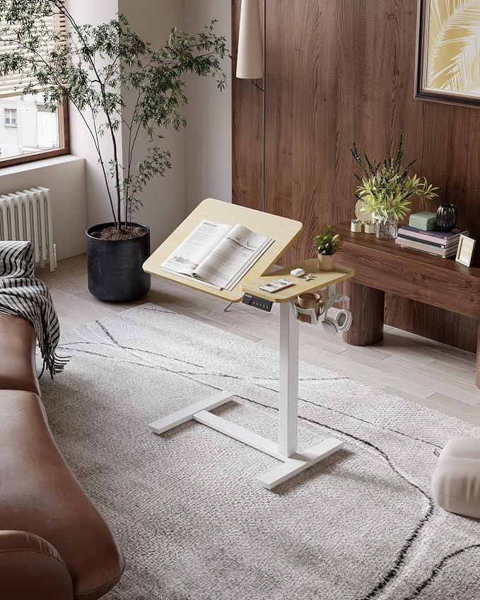YIHAYO Adjustable Overbed Bedside Table with Wheels, 28 x 16 Inches Electric Mobile Standing Desk, Laptop Desk, Movable Overbed Tables Hospital Home Use, Natural - Image 2