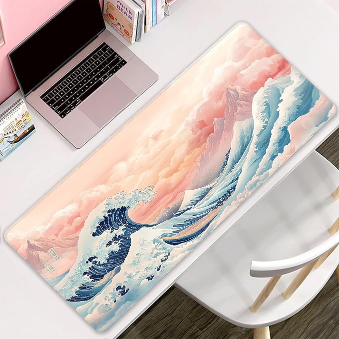 Japanese Sea Wave Desk Mat, XXL 35.4"x15.7" Large Mouse Pad, Pink Clouds Extended Gaming Mouse Mat,Non-Slip Rubber Base Waterproof with Stitched Edges for Gaming Office Home Decor - Image 8