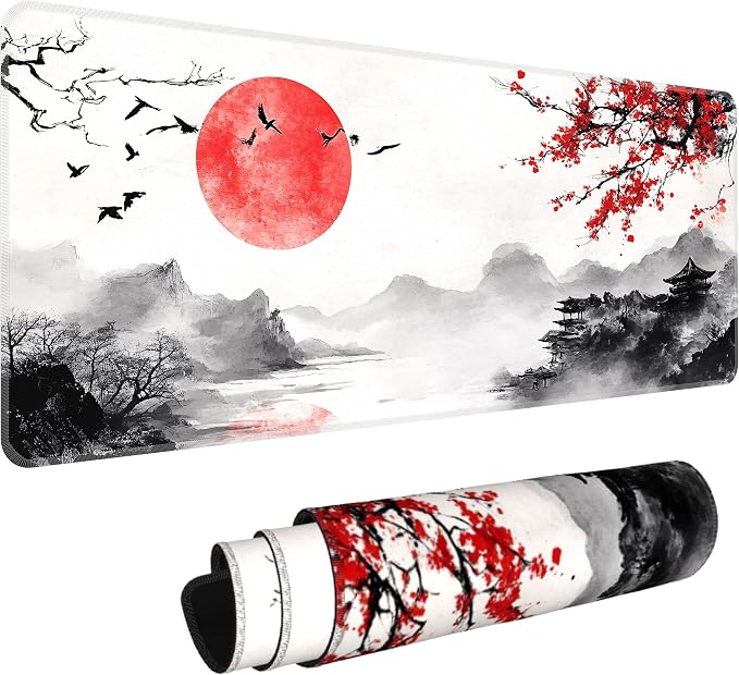 Japanese Watercolor Cherry Blossoms Desk Mat, XL 31.5"x11.8" Large Mouse Pad, Sakura Extended Gaming Mouse Mat,Non-Slip Rubber Base Waterproof with Stitched Edges for Gaming Office Home Decor by Unknown