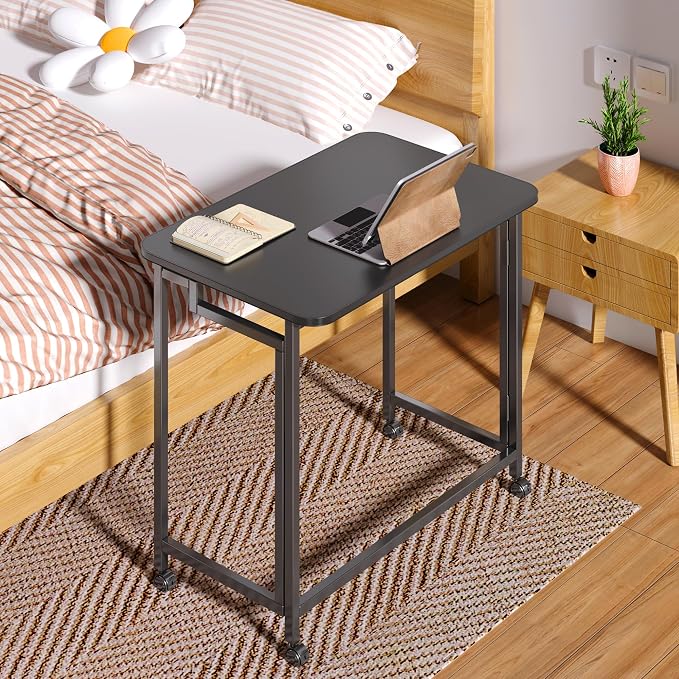 4NM 23.6" Mobile Small Rolling Computer Desk, Folding Laptop Cart Table with Wheels, Portable Office Desk for Small Space Couch Bed - All Black - Image 2