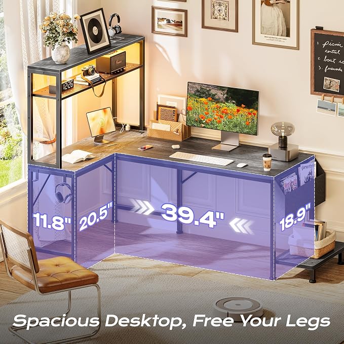 PRAISUN L Shaped Gaming Desk with LED Lights & Power Outlets | Reversible Computer Desk with Storage Shelves & Bag, Large Corner Home Office Desk with Pegboard for Work from Home, Grey - Image 5