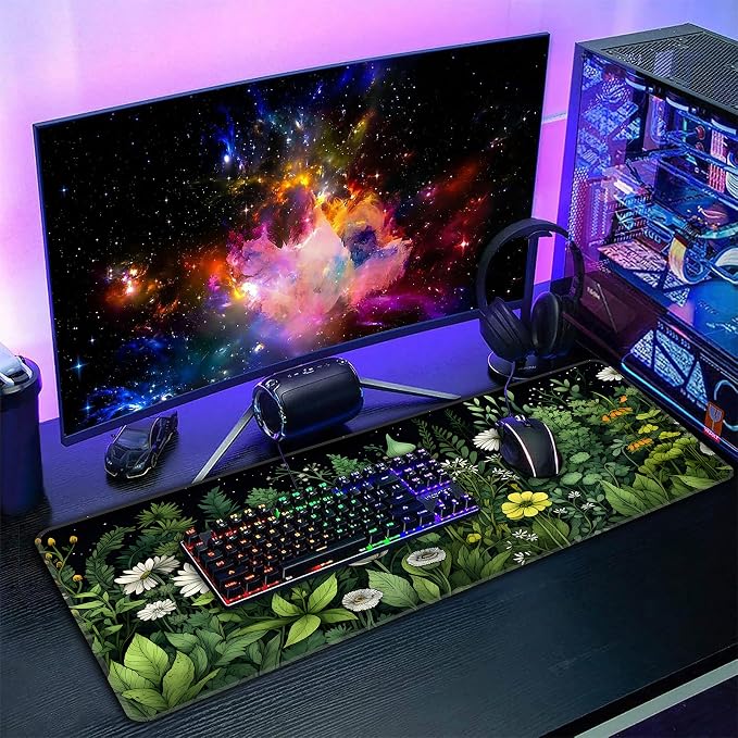 Green Vintage Plants Desk Mat, XXL 35.4"x15.7" Large Mouse Pad, Wildflowers Extended Gaming Mouse Mat,Non-Slip Rubber Base Waterproof with Stitched Edges for Gaming Office Home Decor - Image 7