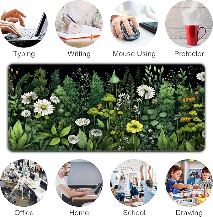 Green Vintage Plants Desk Mat, XXL 35.4"x15.7" Large Mouse Pad, Wildflowers Extended Gaming Mouse Mat,Non-Slip Rubber Base Waterproof with Stitched Edges for Gaming Office Home Decor - Image 6