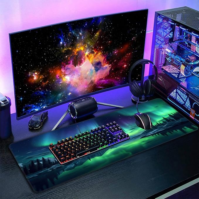 Green Aurora Desk Mat, XL 31.5"x11.8" Large Mouse Pad, Aesthetic Extended Gaming Mouse Mat,Non-Slip Rubber Base Waterproof with Stitched Edges for Gaming Office Home Decor - Image 7