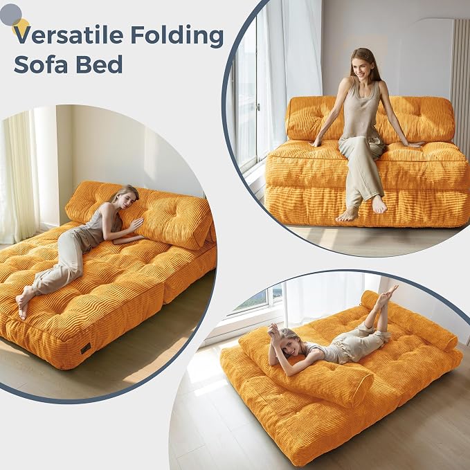 MAXYOYO Folding Sofa Bed, Convertible Chair Bed with Pillow | Foldable Couch with Back Support, Portable Fold Out Chair Comfy Floor Sofa for Living Room Bedroom, Orange, Double - Image 4
