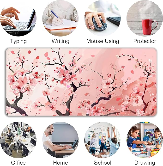 Pink Cherry Blossom Desk Mat, XXL 35.4"x15.7" Large Mouse Pad, Cute Sakura Extended Gaming Mouse Mat,Non-Slip Rubber Base Waterproof with Stitched Edges for Gaming Office Home Decor - Image 6