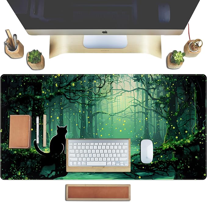 Kawaii Green Forest Desk Pad Mouse Pad Cute Black Cat Desk Mat, XXL Extended Anime Cats Large Gaming Mousepad, Computer Keyboard and Mouse Deskpad Decor Deskmat with Stitched Edges Mat 31.5x15.7 in - Image 4