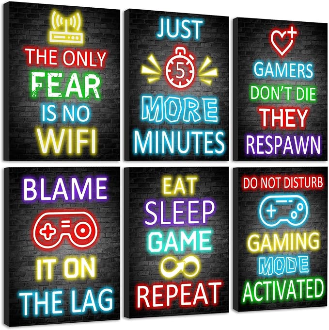 KUVIOKE Video Gamer Room Decor for Teen Boys Gaming Wall Art Gamer Neon Sign Teenage Bedroom Decor Ready to Hang Set of 6, 8x10in (Framed) by KUVIOKE