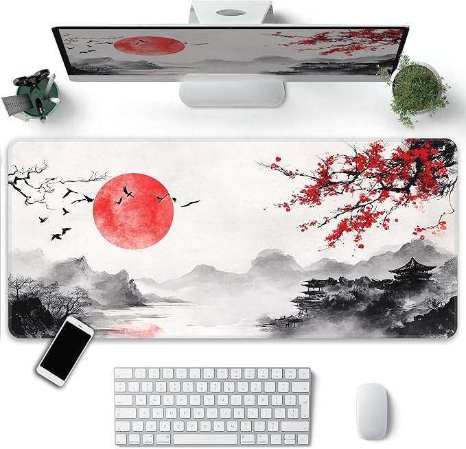 Japanese Watercolor Cherry Blossoms Desk Mat, XXL 35.4"x15.7" Large Mouse Pad, Sakura Extended Gaming Mouse Mat,Non-Slip Rubber Base Waterproof with Stitched Edges for Gaming Office Home Decor - Image 2