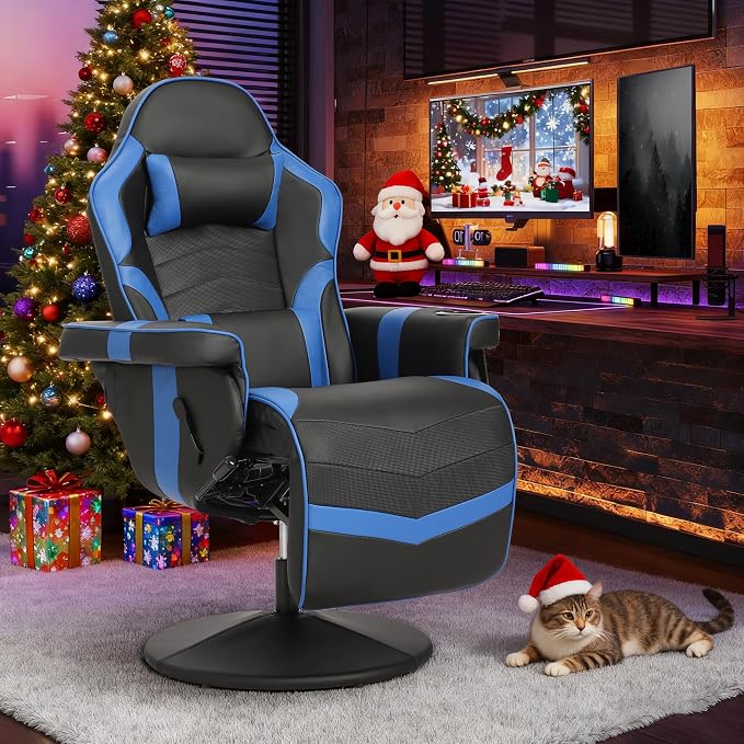 Massage Gaming Recliner Chair with Cup Holder & Side Pockets – Ergonomic PU Leather Video Gaming Chair with Footrest, Manual Recline, Headrest & Lumbar Support for Office or Game Room (Blue) by CALIVIA