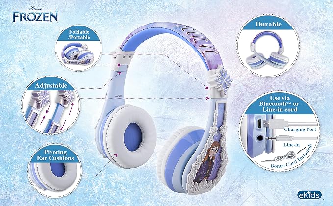 eKids Disney Frozen 2 Bluetooth Headphones with Microphone, Volume Reduced to Protect Hearing, Adjustable Wireless Headphones for School Home Travel, for Fans of Anna and Elsa - Image 3