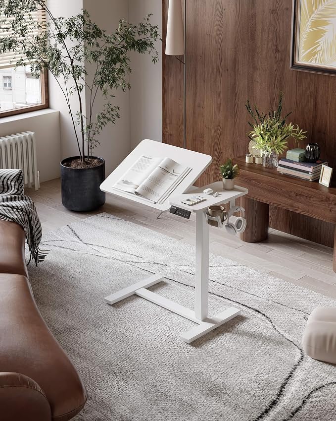 YIHAYO Adjustable Overbed Bedside Table with Wheels, 28 x 16 Inches Electric Mobile Standing Desk, Laptop Desk, Movable Overbed Tables Hospital Home Use, White - Image 2