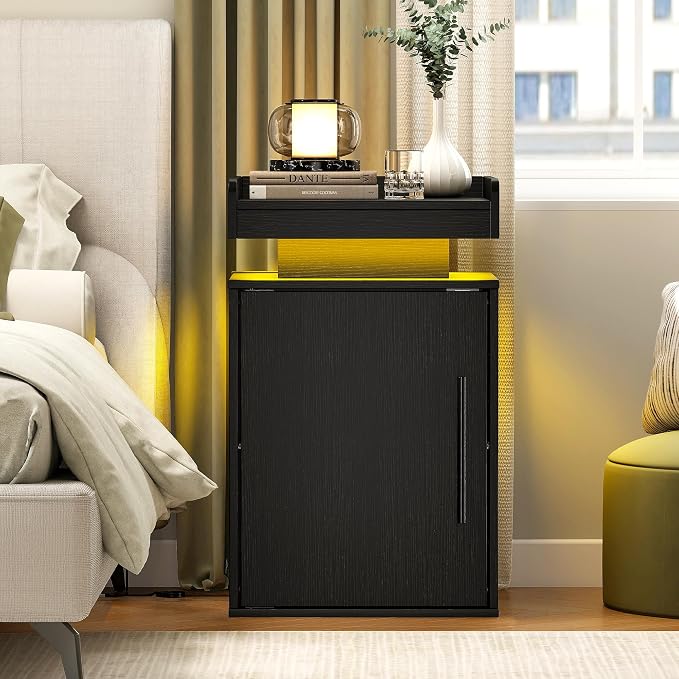 Black Nightstand with LED Lights, Large Storage Bedside Table with Magnetic Door, Black Wooden Bedroom Night Stand by Suuiwau