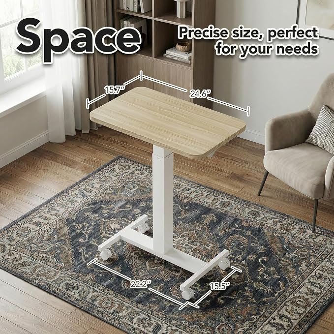 HUANUO Small Rolling Laptop Standing Desk, Height Adjustable Mobile T-Base Desk with Lockable Casters, Portable Sit-Stand Workstation for Bedside & Sofa, Light Walunt - Image 4