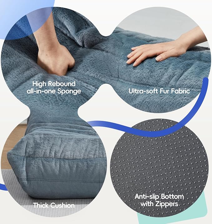 Hobestluk Medium Bean Bag Chairs Lounge Floor Chair BeanBag Couch Togo Sofa | Ergonomic Design,Memory Foam,No Assembly,Faux Fur Fireside Chair Back Support for Reading Playroom | Bluegrey Plush Medium - Image 6