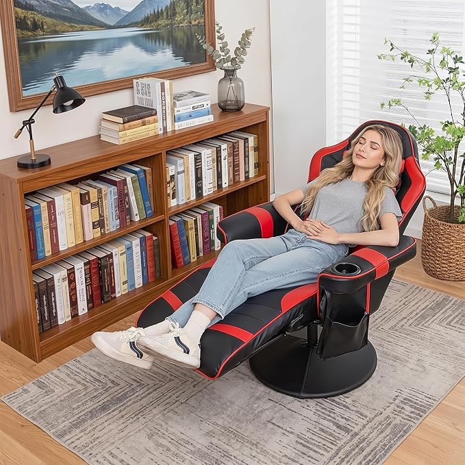 POWERSTONE Gaming Recliner, Adjustable Massage Gaming Chair with Cup Holder Footrest Ergonomic Single Sofa Living Room Home Theater Seating with Side Pouch (Red) - Image 2