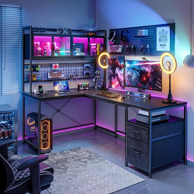 DurayLoly 67" L Shaped Gaming Corner Desk with LED Light, Hutch,Black | Reversible Computer Desk with 2 Drawers,Storage Shelves,Pegboard with 3 Hooks,Power Outlet for Home Office,Bedroom by Durayloly