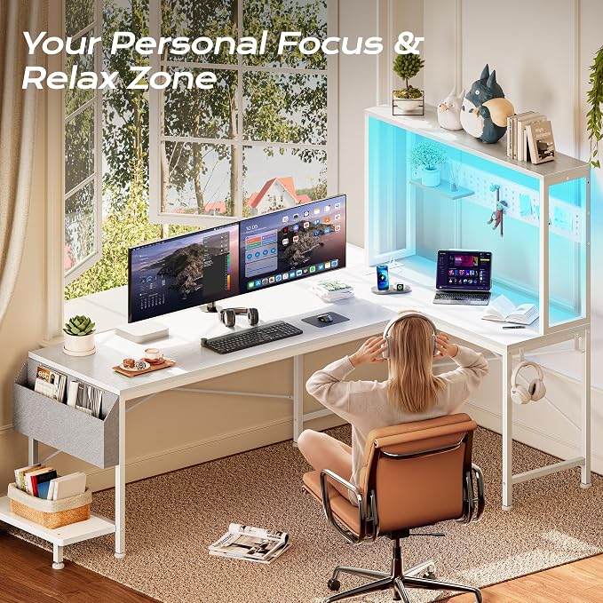 PRAISUN L Shaped Gaming Desk with LED Lights & Power Outlets | Reversible Computer Desk with Storage Shelves & Bag, Large Corner Home Office Desk with Pegboard for Work from Home, White - Image 6