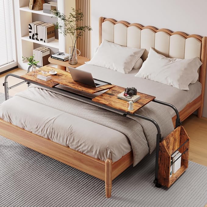 Arlopu Overbed Table with Wheels,60.6-84.2 inches Mobile Bed Desk, Brown by Arlopu