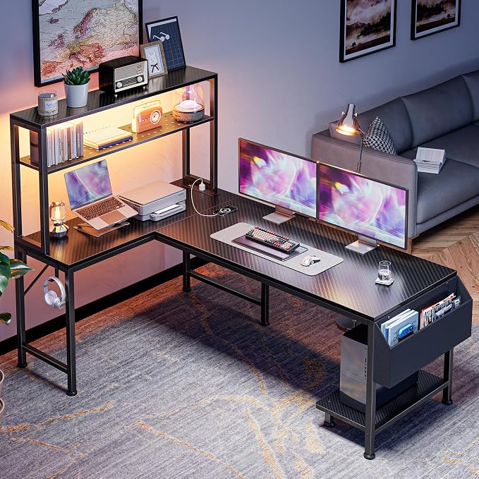 PRAISUN L Shaped Gaming Desk with LED Lights & Power Outlets | Reversible Computer Desk with Storage Shelves & Bag, Large Corner Home Office Desk for Work from Home, Carbon Fiber Black - Image 7