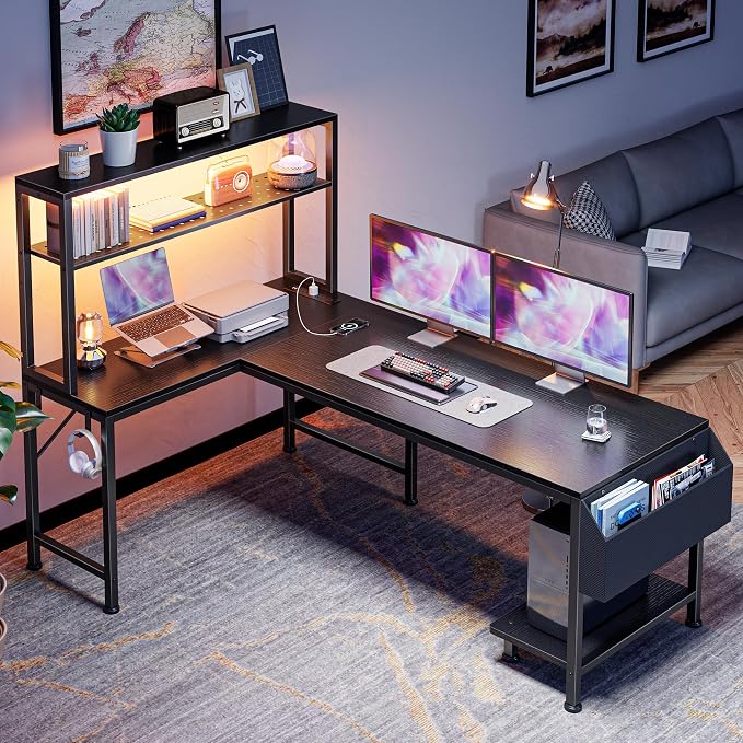 PRAISUN L Shaped Gaming Desk with LED Lights & Power Outlets | Reversible Computer Desk with Storage Shelves & Bag, Large Corner Home Office Desk with Pegboard for Work from Home, Black - Image 7