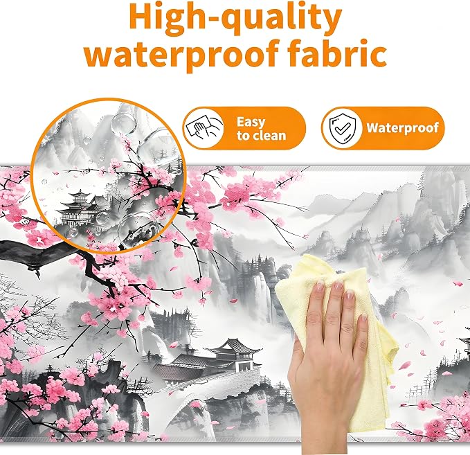 Japanese Watercolor Cherry Blossoms Desk Mat, XL 31.5"x11.8" Large Mouse Pad, Pink Sakura Extended Gaming Mouse Mat,Non-Slip Rubber Base Waterproof with Stitched Edges for Gaming Office Home Decor - Image 4