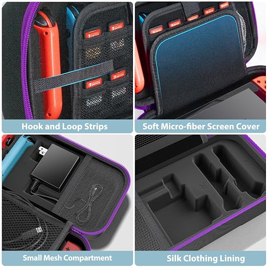 OIVO Switch 1 Carrying Case Compatible with Nintendo & OLED, Portable Switch Travel Carry Case Fit for Joy-Con and Adapter, Hard Shell Protective OLED Pouch Bag with 20 Games, Purple - Image 5