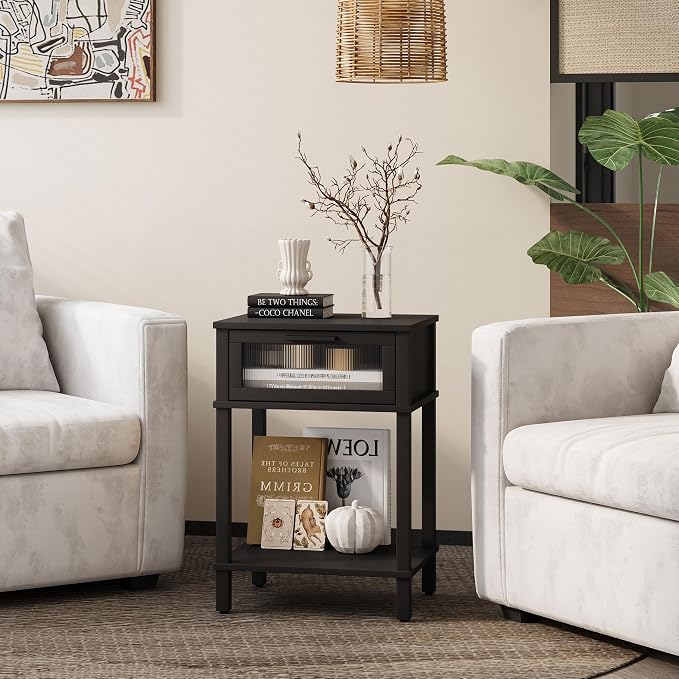 Nightstand Wooden Bedside Table with Drawer Black Night Stands Modern Style Small End Table Side Table with Storage Shelf for Bedroom Living Room MLBZ10B - Image 4