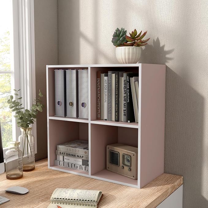 Homes: Inside + Out Apexa 4-Cube Storage Organizer Shelves, Stackable Wood Bookcase Fits Cubby Bins for Organization, Dorm Teen Room Decor & Home Office, Light Pink - Image 12