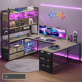 busyeah U-Shaped Gaming Desk with Storage Shelves & 3 Drawers, Oak Gray | Reversible Computer Desk with LED Lights & Charging Station, Gaming Desk with Hutch and Pegboard for Home Office, Gamers by BUSYAEH
