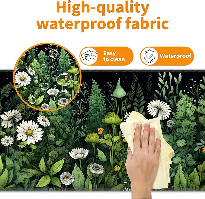 Green Vintage Plants Desk Mat, XL 31.5"x11.8" Large Mouse Pad, Wildflowers Extended Gaming Mouse Mat,Non-Slip Rubber Base Waterproof with Stitched Edges for Gaming Office Home Decor - Image 4