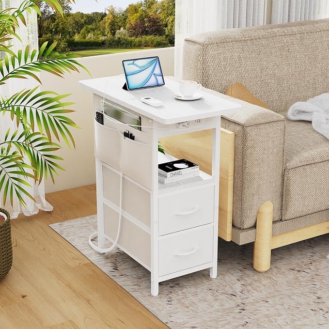 Yenlure Small Side Table with Charging Station, Narrow Nightstand Bedside Tables with Storage Pocket for Living Room Bedroom, Sofa End Table with USB Ports and Power Outlets for Small Spaces - Image 7