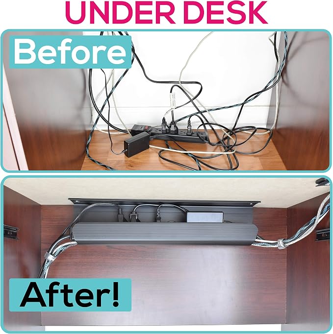Cable Management Tray, Under-Desk, On-Wall or Side-of-Desk, 17x4x2.4”, 2-PK, Hide & Organize Your Cables, Power Supplies and Power Strips, Bonus 10-Pk Cable Ties - Image 2