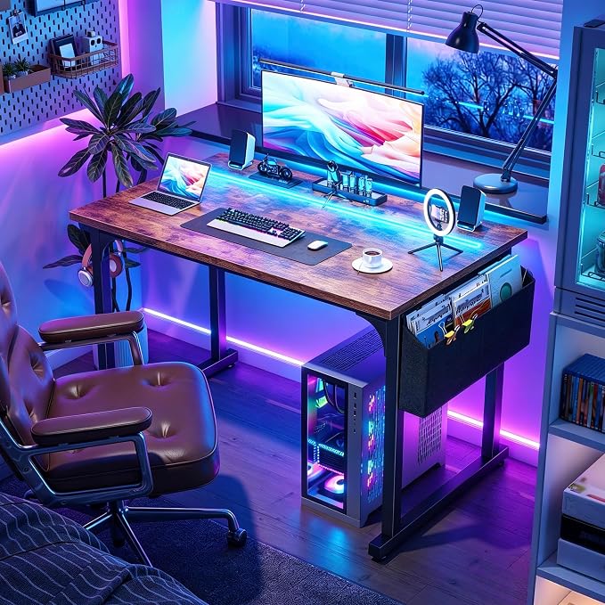 DurayLoly 40" Computer Desk with Waterproof LED Lights for Bedroom,Brown - Image 6