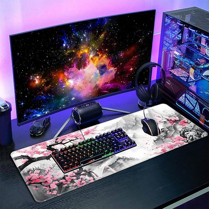 Japanese Watercolor Cherry Blossoms Desk Mat, XL 31.5"x11.8" Large Mouse Pad, Pink Sakura Extended Gaming Mouse Mat,Non-Slip Rubber Base Waterproof with Stitched Edges for Gaming Office Home Decor - Image 7