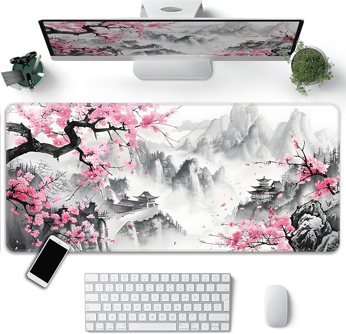 Japanese Watercolor Cherry Blossoms Desk Mat, XXL 35.4"x15.7" Large Mouse Pad, Pink Sakura Extended Gaming Mouse Mat,Non-Slip Rubber Base Waterproof with Stitched Edges for Gaming Office Home Decor - Image 2