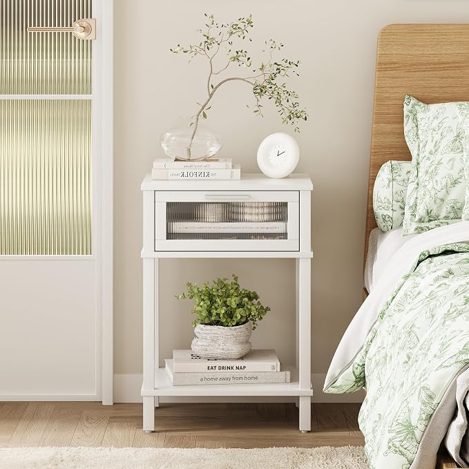 Nightstand Wooden Bedside Table with Drawer White Night Stands Modern Style Small End Table Side Table with Storage Shelf for Bedroom Living Room MLBZ10W - Image 2