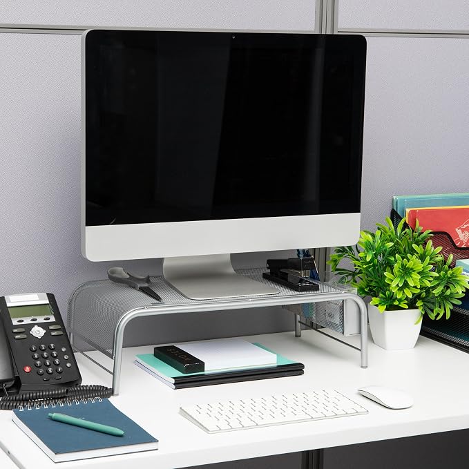 Mind Reader Monitor Stand, Ventilated Laptop Riser, Desktop Organizer, Side Storage, Metal Mesh, 20"L x 11.5"W x 5.5"H, Silver - Image 2