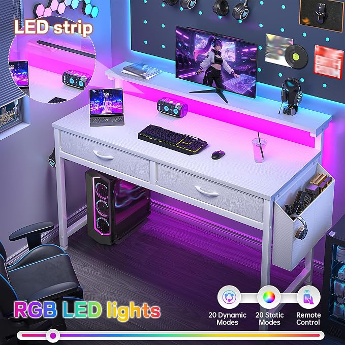 DurayLoly 39.4”Computer Desk with 2Drawers & LED Lights,Space Saving,White - Image 5