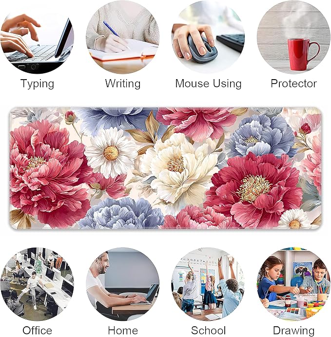 Japanese Minimalist Floral Desk Mat, XL 31.5"x11.8" Large Mouse Pad, Art Flowers Extended Gaming Mouse Mat,Non-Slip Rubber Base Waterproof with Stitched Edges for Gaming Office Home Decor - Image 6